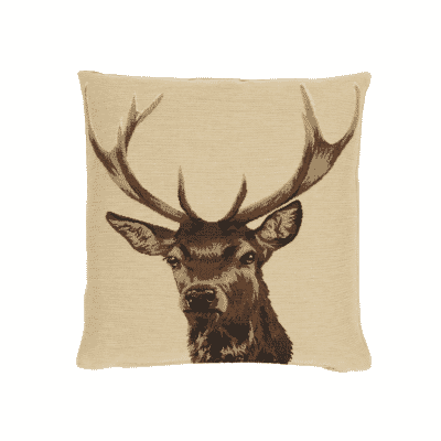 Stag on Beige Tapestry Cushion with Feather Filler - 33x33cm (13"x13")