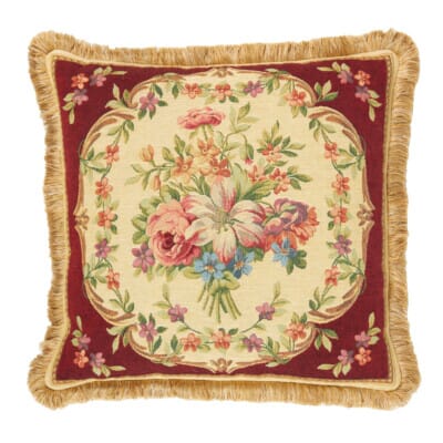 Aubusson Bouquet Red Tapestry Cushion with Gold Fringe - 48x48cm (19"x19")