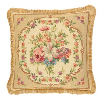 Aubusson Bouquet Beige Tapestry Cushion with Gold Fringe - 48x48cm (19"x19")