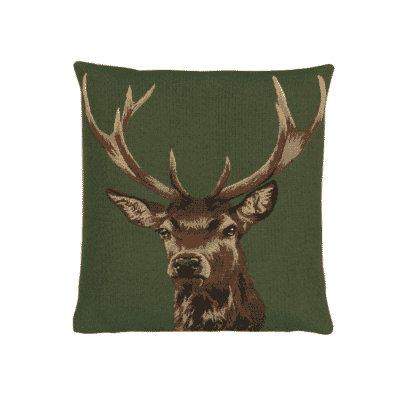 Stag on Green Tapestry Cushion with Feather Filler - 33x33cm (13"x13")