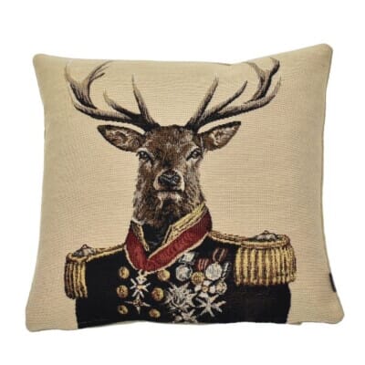 Admiral Stag Beige Tapestry Cushion with Feather Filler - 33x33cm (13"x13")