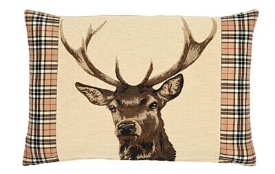 Scottish Stag Beige Tartan Cushion with Tartan sides - 33x46cm (15"x18")