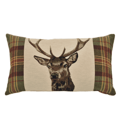 Stag Beige with Plaid Tapestry Cushion with Feather Filler - 33x55cm (13”x22”)