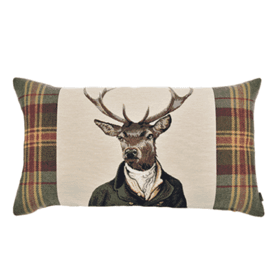 Stanley Stag with Plaid Tapestry Cushion with Feather Filler - 33x55cm (13”x22”)