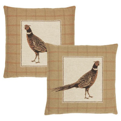 Pair of Strutting Pheasant Left & Right Tapestry Cushions with Feather Filler - 46x46cm - Save £20
