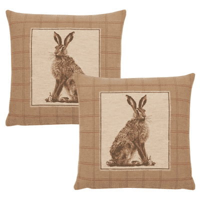 Pair of Country Hare Left & Right Tapestry Cushions with Feather Filler - 46x46cm - Save £20