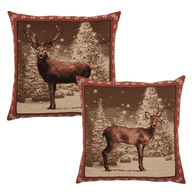 Pair of Winter Deer & Stag Tapestry Cushions with Feather Filler - 46x46cm - Save £20