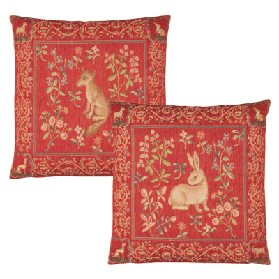Pair of Medieval Rabbit & Fox Tapestry Cushions with Feather Filler - 46x46cm - Save £20
