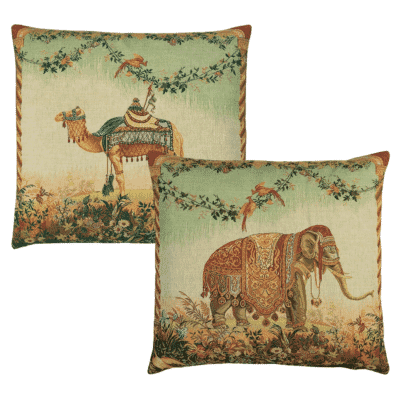 Pair of Elephant & Camel Tapestry Cushions with Feather Filler - 46x46cm - Save £20