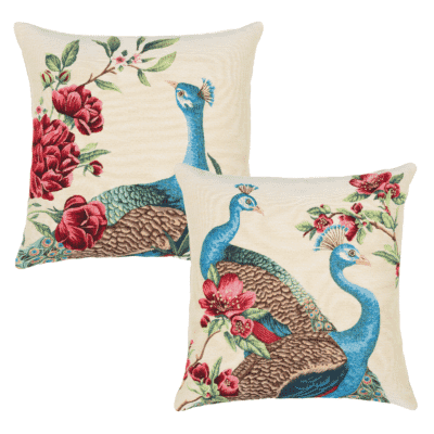 Pair of Peacocks & Flowers Tapestry Cushions with Feather Filler - 46x46cm - Save £20