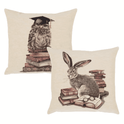 Pair of Library Owl & Hare Tapestry Cushions with Feather Filler - 46x46cm - Save £20