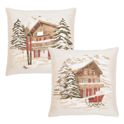 Pair of Alpine Skiing Lodge & Winter Chalet Tapestry Cushions with Feather Filler - 46x46cm - Save £20
