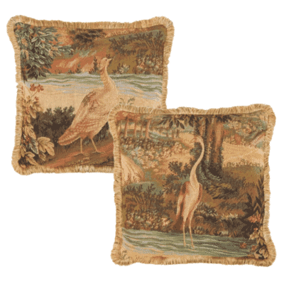 Pair of Verdure Bird & Heron Tapestry Cushions with Feather Filler - 48x48cm - Save £20