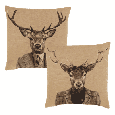 Pair of City Stag & Country Stag Tapestry Cushions with Feather Filler - 46x46cm - Save £20