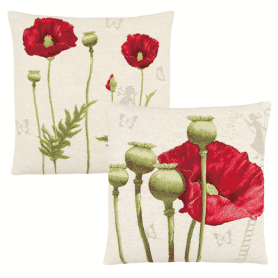 Pair of Grand Poppy Tapestry Cushions with Feather Filler - 46x46cm - Save £40