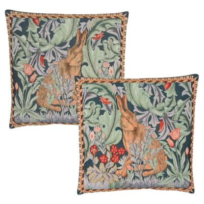 Pair of Morris Hare Tapestry Cushions with Feather Filler - 46x46cm - Save £20