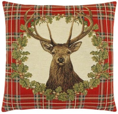 Stag Red Tartan Tapestry Cushion - 46x46cm (18"x18")