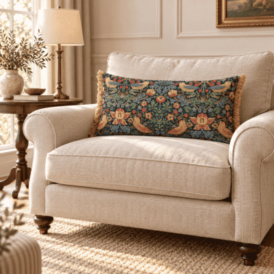 Strawberry Thief Blue Tapestry Cushion with Gold Fringe - 33x60cm (13"x24")