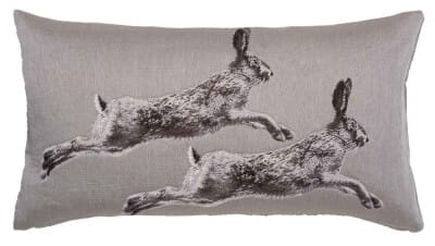 Leaping Hares Country Linen Tapestry Cushion - 33x60cm (13"x24") - Last piece remaining!