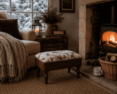 Alpine Houses Upholstered Stool with Red Velvet Sides
