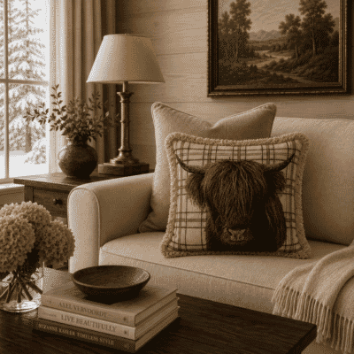 Highland Cow with fringe Tapestry Cushion - 46x46cm (18"x18")