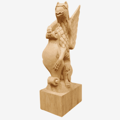 Solid Oak Hand-Carved Griffin Heraldic Beast - H. 44 cm  Base: W.11.5 x D.17 cm
