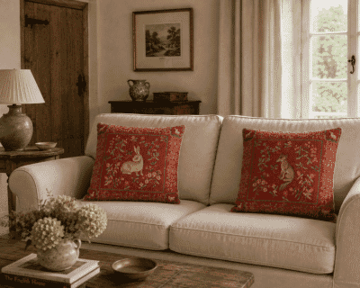 Pair of Medieval Rabbit & Fox Tapestry Cushions with Feather Filler - 46x46cm - Save £20