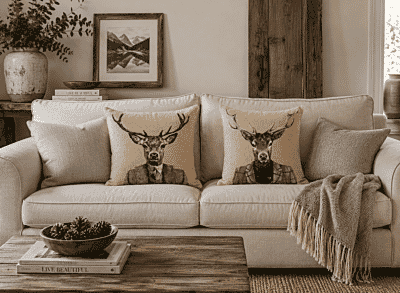 Pair of City Stag & Country Stag Tapestry Cushions with Feather Filler - 46x46cm - Save £20