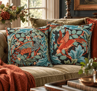 Pair of Acanthus Peacock & Bird Tapestry Cushions with Feather Filler - 46x46cm - Save £40