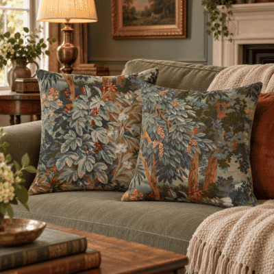 Pair of Verdure Trees & Bush Woolblend Tapestry Cushions with Feather Filler - 46x46cm - Save £25