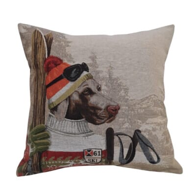 Ski Dog Monty Tapestry Cushion with Feather Filler - 46x46cm (18"x18") - Last Piece Remaining!