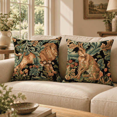 Pair of Forest Lion & Hare Tapestry Cushions with Feather Filler - 46x46cm - Save £20