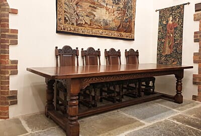 Hand-Carved Oak Refectory Table  with S-Curve Rails - 10'0" x 3'6" - Last Piece Remaining!