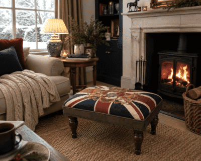 Union Jack Crest Upholstered Stool with Velvet Sides