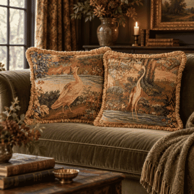 Pair of Verdure Bird & Heron Tapestry Cushions with Fringe & Feather Filler - 48x48cm - Save £20