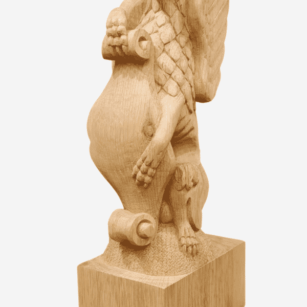 Solid Oak Hand-Carved Griffin Heraldic Beast - H. 44 cm  Base: W.11.5 x D.17 cm