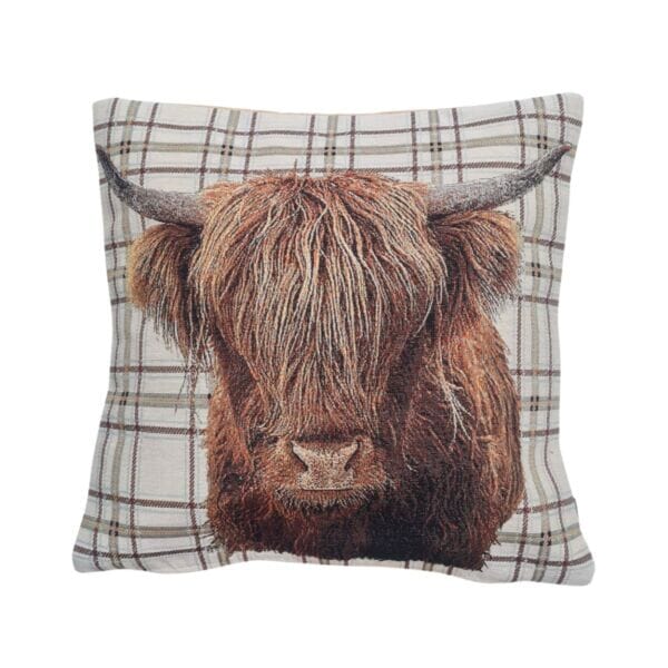 Highland Cow Tapestry Cushion with Feather Filler - 43x43cm (17
