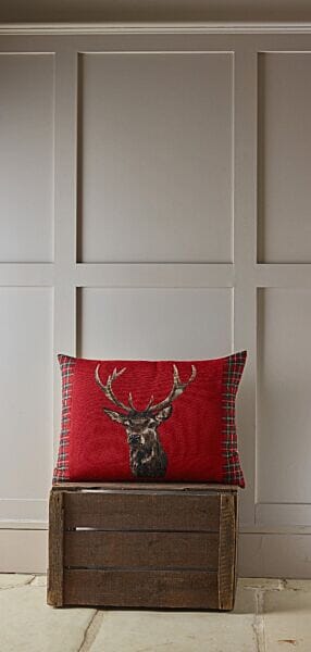 Scottish Stag Red Tartan Cushion with Tartan sides - 33x46cm (15